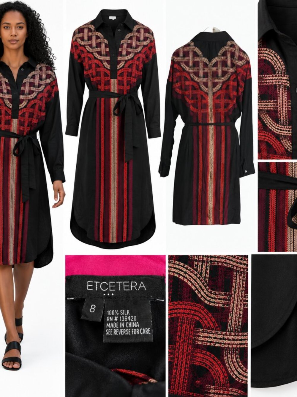 Etcetera 100% Silk Geometric Shirtdress Sz 8 Belted Button Front Boho Artsy Midi